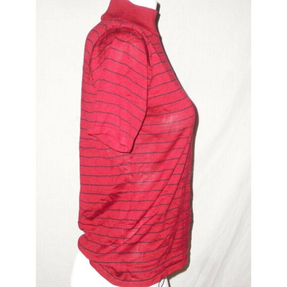 Gianni Womens Red Black Striped Mock Neck Short Sleeve Shirt Size Petite Medium - Picture 2 of 6